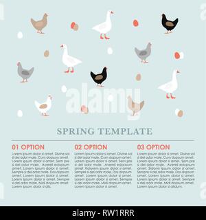 Spring infographics background, card with hens, goose and colorful Easter eggs. Vector illustration template, web banner. Birds, farm animals concept Stock Vector
