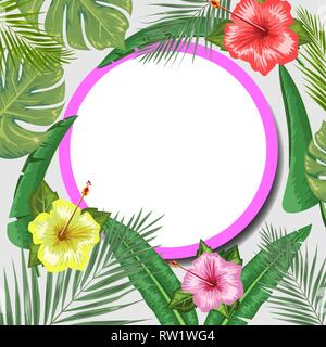 Tropical backdrop with frame or border made of tropical exotic foliage and leaves and place for text. Flat watercolor vector illustration. Stock Vector