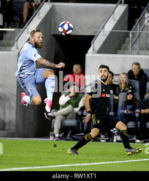 Los Angeles, California, USA. 3rd Mar, 2019. Sporting Kansas City defender Graham Zusi (8) and Los Angeles FC forward Diego Rossi (9) of Uruguay, vie for the ball during the 2019 Major League Soccer (MLS) match between Los Angeles FC and Sporting Kansas City in Los Angeles, California, March 3, 2019. Credit: Ringo Chiu/ZUMA Wire/Alamy Live News Stock Photo