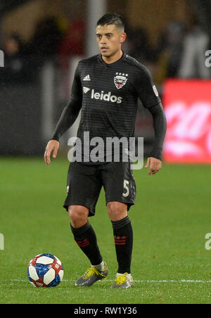 Washington, DC, USA. 3rd Mar, 2019. 20190303 - D.C. United midfielder JUNIOR MORENO (5) is seen during a steady rain in the first half against Atlanta United FC at Audi Field in Washington. Credit: Chuck Myers/ZUMA Wire/Alamy Live News Stock Photo