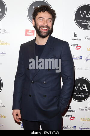 London, UK. Aidan Turner at Whatsonstage Awards 2019 at the Prince of ...