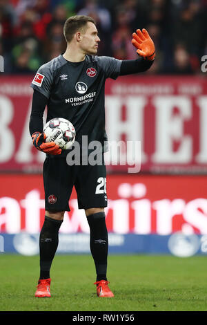 02 March 2019, Bavaria, Nürnberg: Soccer: Bundesliga, 1st FC Nuremberg - RB Leipzig, 24th matchday in Max Morlock Stadium. Nuremberg goalkeeper Christian Mathenia. Photo: Daniel Karmann/dpa - IMPORTANT NOTE: In accordance with the requirements of the DFL Deutsche Fußball Liga or the DFB Deutscher Fußball-Bund, it is prohibited to use or have used photographs taken in the stadium and/or the match in the form of sequence images and/or video-like photo sequences. Stock Photo
