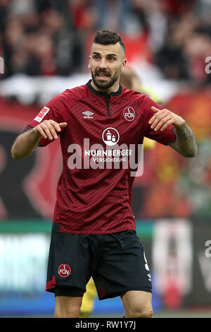 02 March 2019, Bavaria, Nürnberg: Soccer: Bundesliga, 1st FC Nuremberg - RB Leipzig, 24th matchday in Max Morlock Stadium. The Nuremberg Mikael Ishak. Photo: Daniel Karmann/dpa - IMPORTANT NOTE: In accordance with the requirements of the DFL Deutsche Fußball Liga or the DFB Deutscher Fußball-Bund, it is prohibited to use or have used photographs taken in the stadium and/or the match in the form of sequence images and/or video-like photo sequences. Stock Photo