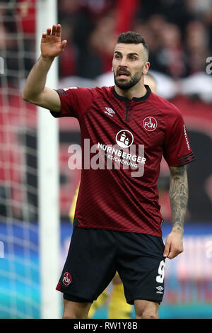 02 March 2019, Bavaria, Nürnberg: Soccer: Bundesliga, 1st FC Nuremberg - RB Leipzig, 24th matchday in Max Morlock Stadium. The Nuremberg Mikael Ishak. Photo: Daniel Karmann/dpa - IMPORTANT NOTE: In accordance with the requirements of the DFL Deutsche Fußball Liga or the DFB Deutscher Fußball-Bund, it is prohibited to use or have used photographs taken in the stadium and/or the match in the form of sequence images and/or video-like photo sequences. Stock Photo