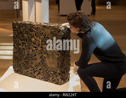 London, UK. 4th Mar, 2019. Bonhams photocall for the Post-War and Contemporary Art Sale took place in New Bond Street, London. On display: CÉSAR(French, 1921-1998)Compression of Silverware 1975. Estimated at £ 40,000 - 60,000. The sale takes place on the 6th March at 5pm. Credit: Keith Larby/Alamy Live News Stock Photo
