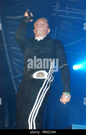 FILE PICS: 4th March, 2019. Keith Flint, the lead singer of The Prodigy has passed away at the age of 49 - photographed on 6th August, 2005 during their performance at the 2005 Grolsch Summer Set Concert Series, Somerset House, London, UK   Credit: Ben Rector/Alamy Live News Stock Photo