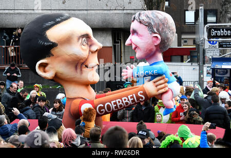 Dusseldorf, Germany. 4th Mar 2019. Jaques Tilly's theme wagon: AfD politician Bjoern Hoecke as the baby of Propaganda Minister Joseph Goebbels. Credit: UKraft/Alamy Live News Stock Photo