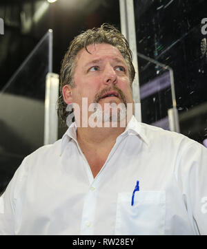 Jacksonville Icemen head coach Jason Christie during the first period of an ECHL professional hockey game at Veterans Memorial Arena in Jacksonville, Fla., Sunday, March 3, 2019. (Gary Lloyd McCullough/Cal Sport Media) Stock Photo