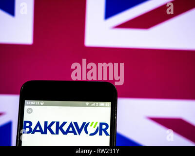 March 4, 2019 - Ukraine - Bakkavor global provider of fresh prepared foods with manufacturing sites in the UK logo seen displayed on a smart phone. (Credit Image: © Igor Golovniov/SOPA Images via ZUMA Wire) Stock Photo