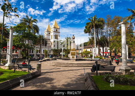 Libertador Simón Bolívar Park, has the church Catedral San Pedro de Guaranda and the monument to the Liberator, in the center of the city of Guaranda  Stock Photo