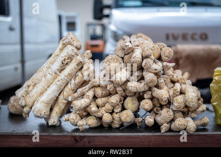 Bunches of Horseradish (Armoracia rusticana) root tied together upon a seller's table at the Bronisze Wholesale Market - one of the biggest fruits and Stock Photo