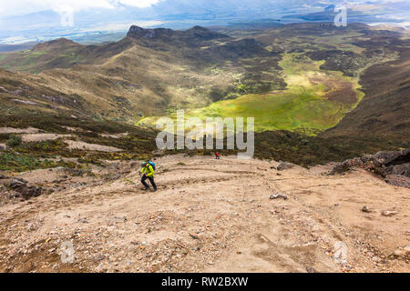 Group of climbers walk through the Andean paramo towards Rumiñahui Stock Photo