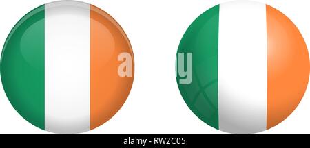 Republic of Ireland flag under 3d dome button and on glossy sphere / ball. Stock Vector