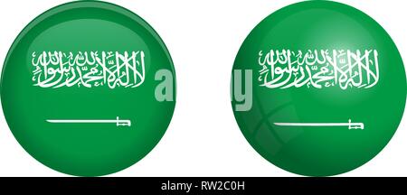 Kingdom of Saudi Arabia (KSA) flag under 3d dome button and on glossy sphere / ball. Stock Vector