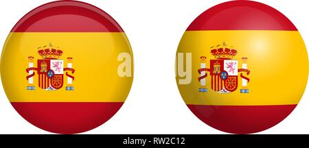 Spain flag under 3d dome button and on glossy sphere / ball. Stock Vector