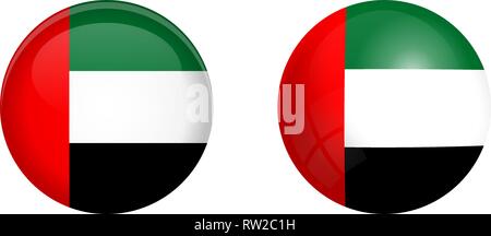 United Arab Emirates (UAE) flag under 3d dome button and on glossy sphere / ball. Stock Vector