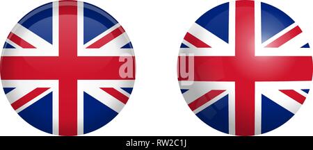 British Union Jack flag under 3d dome button and on glossy sphere / ball. Stock Vector