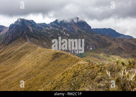 Group of climbers walk through the Andean paramo towards Rumiñahui Stock Photo