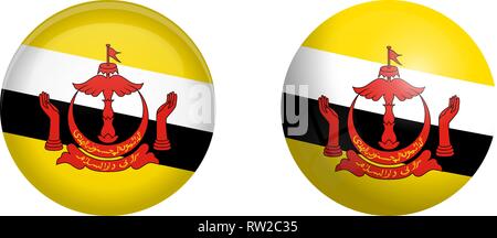 "Nation of Brunei, the Abode of Peace" flag under 3d dome button and on glossy sphere / ball. Stock Vector