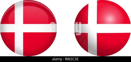 Denmark flag under 3d dome button and on glossy sphere / ball. Stock Vector