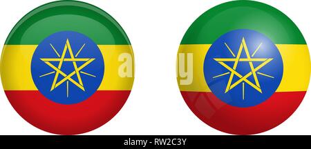 Ethiopia flag under 3d dome button and on glossy sphere / ball. Stock Vector