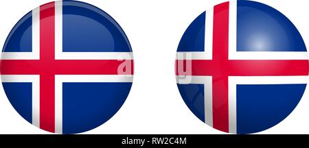 Iceland flag under 3d dome button and on glossy sphere / ball. Stock Vector