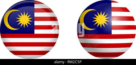 Malay flag under 3d dome button and on glossy sphere / ball. Stock Vector