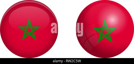 Morocco flag under 3d dome button and on glossy sphere / ball. Stock Vector
