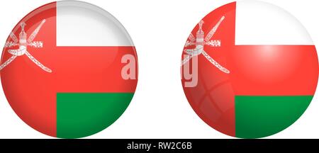 Sultanate of Oman flag under 3d dome button and on glossy sphere / ball. Stock Vector