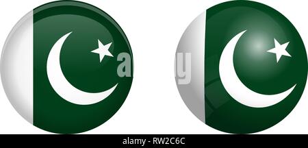 Pakistan flag under 3d dome button and on glossy sphere / ball. Stock Vector