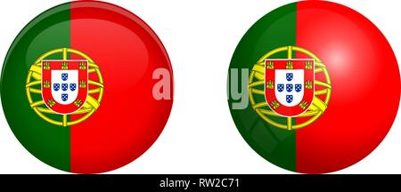 Portugal flag under 3d dome button and on glossy sphere / ball. Stock Vector