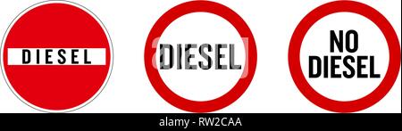 Diesel not allowed sign. Text in "no entry" roadsign, and red circle. Stock Vector
