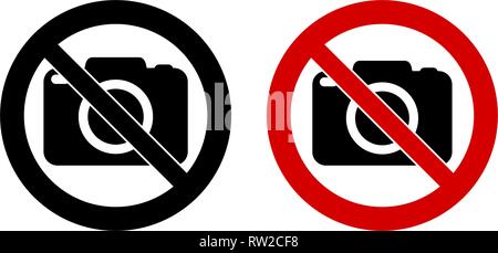 Photography not allowed sign. Camera icon in crossed circle. Black and red version. Stock Vector
