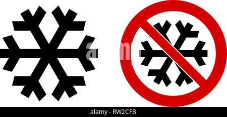 Simple black snowflake icon meaning winter / cold / freeze. Also version in red circle means 'do not refrigerate' Stock Vector