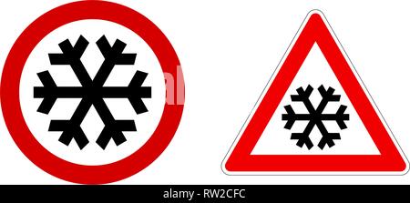 Careful snow / cold / winter sign. Black snowflake in red circle and triangle. Stock Vector