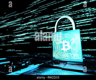 Network data transmission and lock, bitcoin, security protection Stock Photo