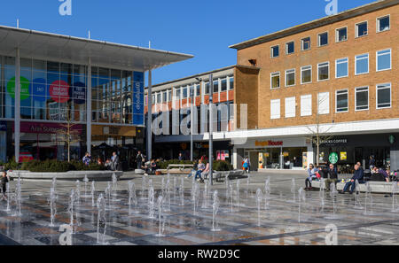 New water fountains in Queens Square at Crawley, West Sussex, England, UK Stock Photo