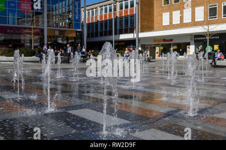 New water fountains in Queens Square at Crawley, West Sussex, England, UK Stock Photo