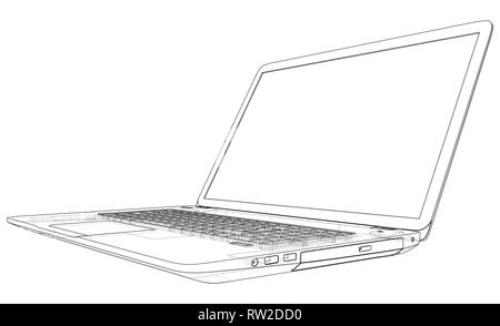 Laptop outline isolated on white background. Created illustration of 3d Stock Vector
