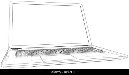 Vector outline of laptop computer. Created illustration of 3d. Stock Vector