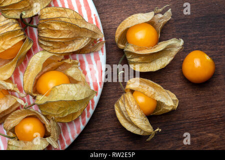 Plate with flowers and fruits of Fisalis (Physalis peruviana). Viewed from above. Stock Photo