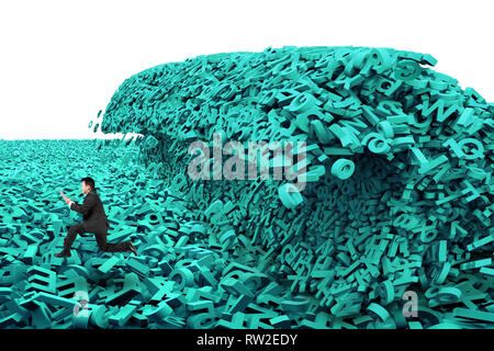 Big data concept. Businessman running in a tsunami wave of computer data, huge amount of numbers and letters, isolated on white background. Stock Photo