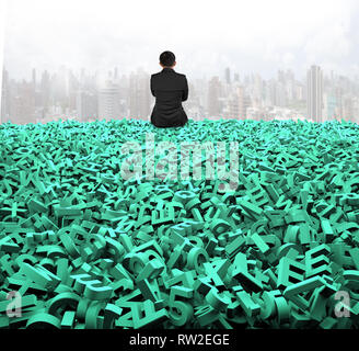 Big data concept, rear view of businessman sitting on huge amount of 3d green letters and numbers, with cloudy sky city buildings background. Stock Photo