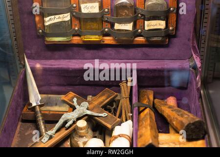 A vampire killing kit, on display at the Peculiarium in Portland, Oregon, USA. Stock Photo