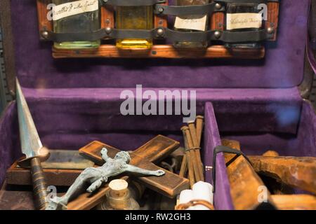 A vampire killing kit, on display at the Peculiarium in Portland, Oregon, USA. Stock Photo