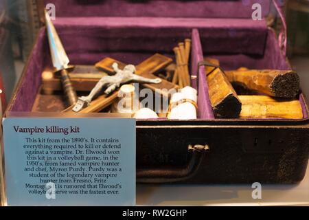 A vampire killing kit, on display at the Peculiarium in Portland, Oregon, USA. Stock Photo