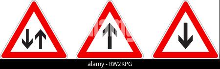 Warning - single/two way traffic sign. Black arrow in red triangle, version with arrow pointing up, down and both ways. Stock Vector