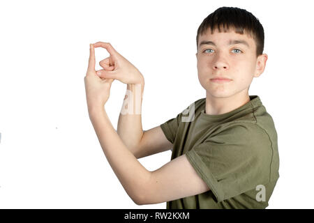 Caucasian teenage boy doing British Sign Language showing the symbol for D Stock Photo