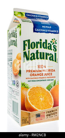 Winneconne, WI - 21 February 2019: A carton of Floridas Natural orange juice with no pulp and calcium and vitamin D on an isolated background Stock Photo