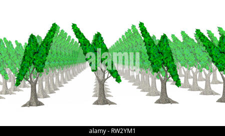 Concept for supply or development of green energy generation, row of trees with green leaves in lightning bolt shape, isolated on white background, 3D Stock Photo